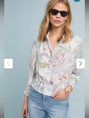 Anthropologie Maeve Shirt Women XS Safari Paint by Numbers Smocked Crop Rare